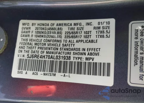 2010 Honda Cr-V Ex-L z USA, uszkodzony, nr VIN 5J6RE4H70AL031938
